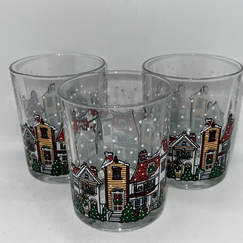 Vtg Tumblers Christmas Village Old Fashion 3 Luminarc DArques Dublin 1992 France